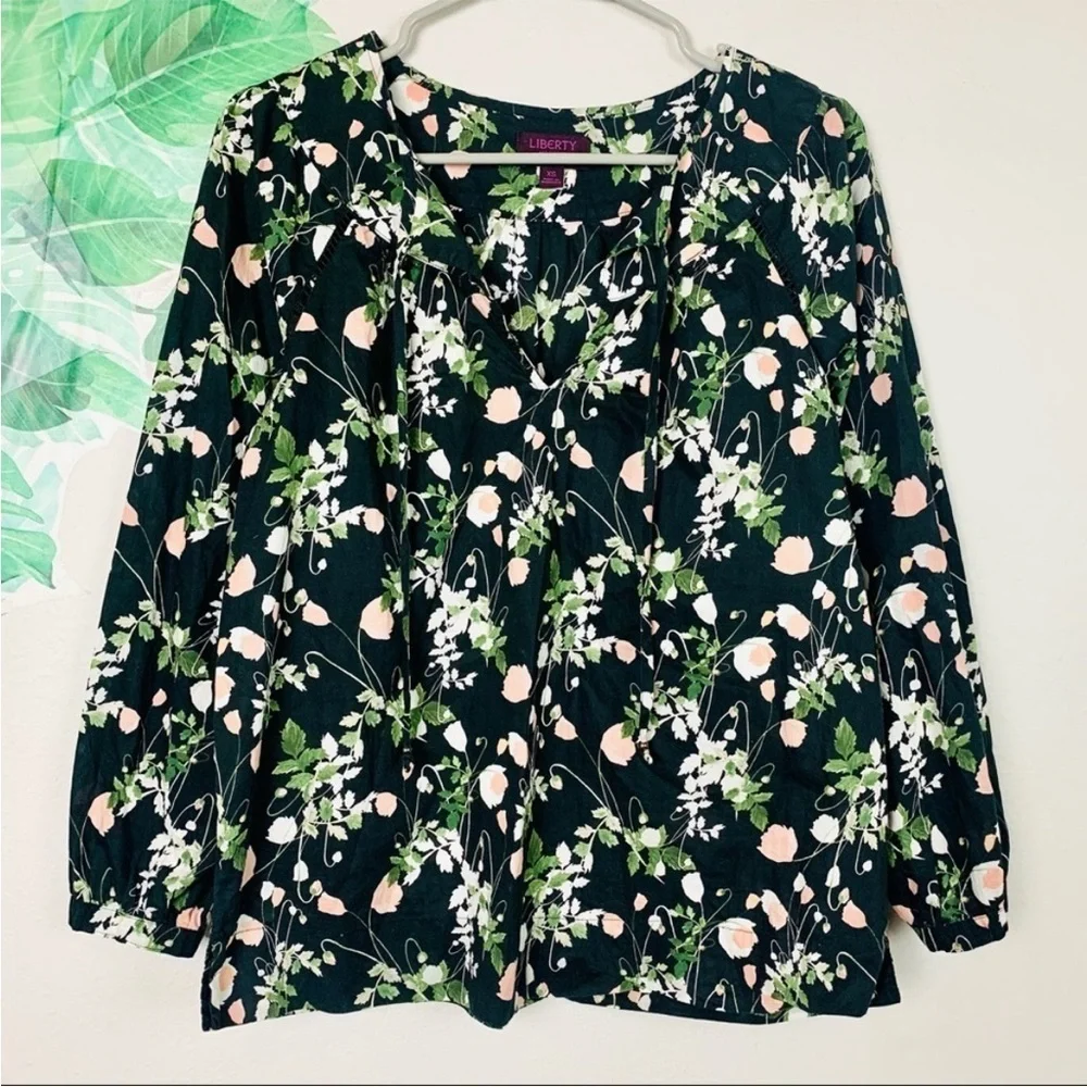 J.Crew Liberty London Poppy Dreams Black Floral Tie-Neck Popover Blouse Top